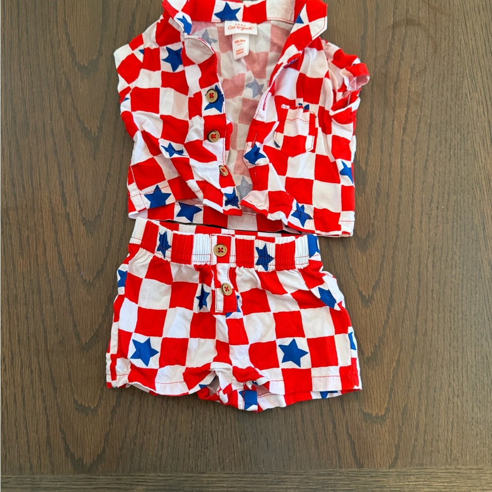 Red and White Checkered Outfit with Blue Stars